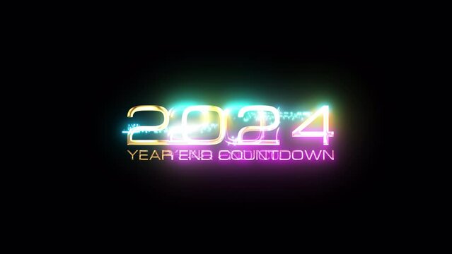 2024 Happy New Year end countdown golden text with light motion glitch cyber punk effect animation abstract background.Isolated with alpha channel Quicktime Prores 444 encode.