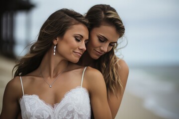 Fototapeta na wymiar Boho Beach Wedding With Two Female Brides Sharing Affection. Сoncept Boho Beach Wedding, Same-Sex Marriage, Love And Affection, Coastal Elegance