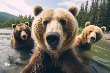 Three Brown Bears In The Water