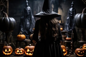 Obraz premium Wicked witch in Halloween, pumpkin head Jack-lantern candles burning with fire.
