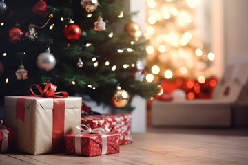 Fototapeta na wymiar Close Up Of Beautiful Christmas Tree With Presents On Floor
