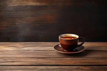 Obraz premium Coffee Cup On Wooden Table With Wood Grain And Texture Dark Brown Wooden Wall Background Photorealism