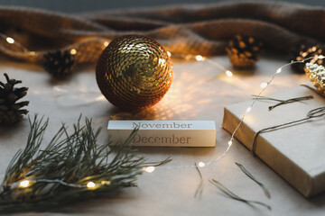Christmas composition. New Year eve. December 31 on calendar on a craft paper background with...