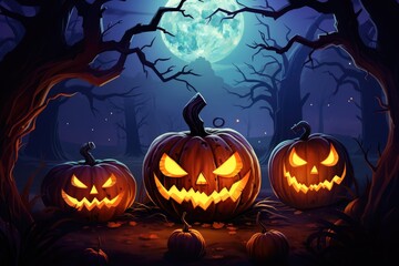 Evil halloween background pumpkin head the cemetery bats fly and candles burning
