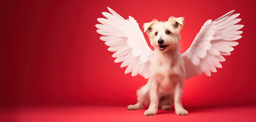 Cute dog with white feather cupid wings. Valentine's day, love, wedding, banner with copy space