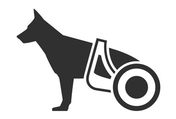 Paralyzed dog on wheelchair cart, icon of handicapped pet, disabled dog, vector