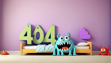 Colorful and friendly cartoon monsters in a child's room presenting a large '404' sign, creating a whimsical take on the classic webpage error in a playful and kid-friendly environment.