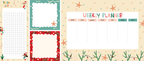 set of weekly planners Sea party . Kids schedule of classes. Notes and to do list. Memo pages with Undersea world. Winter holiday. Timetable design with Mermaid, Starfish, Crab, Shell. Organizer sheet