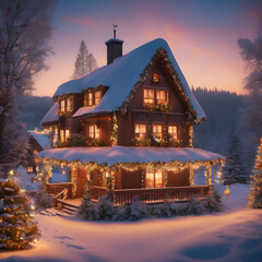 Christmas house covered with snow and decorated with holiday lights in the middle of a forest village