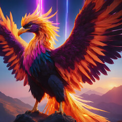 Phoenix of incredible color stands tall, spreading blue, purple, orange feathers