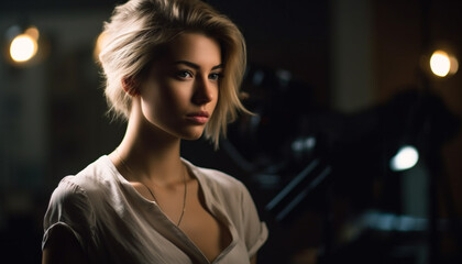 Fototapeta premium Beautiful young woman exudes confidence in fashionable casual clothing indoors generated by AI