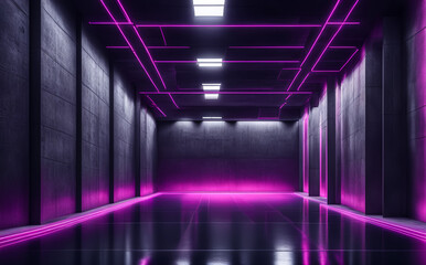 Fototapeta premium Dark corridor with neon light. AI 