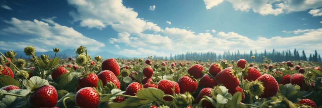 Strawberry Fields. Strawberry and Sky. Advertising Photo. Commercial Food photography. Natural Organic Strawberry