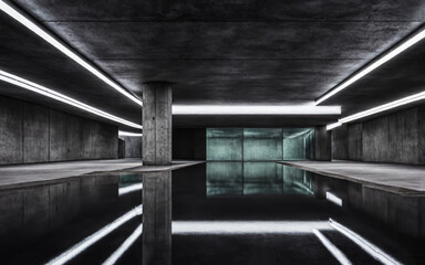 Fototapeta premium Dark corridor with neon light. AI 