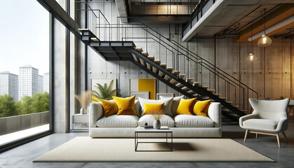 Loft home interior design of modern living room. White sofa with vibrant yellow ad mustard pillows under minimalist staircase against concrete wall