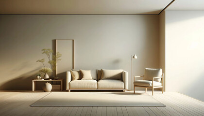Japandi minimalist style home interior design of modern living room. Beige sofa and chair against wall