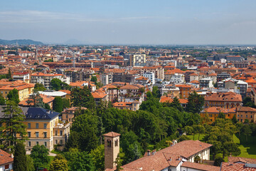 Fototapeta na wymiar Aerial view of the old town Bergamo in Italy in sunny day.