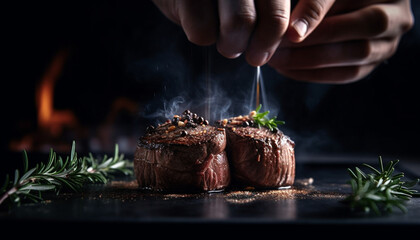 Grilled beef fillet, cooked to perfection on open flame generated by AI - obrazy, fototapety, plakaty