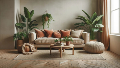 Beige velvet sofa with terra cotta cushions between houseplants. Wooden round coffee table near ottoman on knitted rug. Scandinavian interior design of modern living room