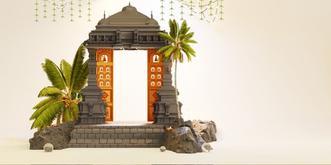 minimal Temple scene, design for Diwali and Pongal, hindu festival product display podium, 3d render background - obrazy, fototapety, plakaty