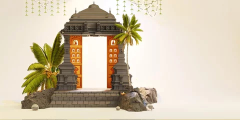 Tuinposter minimal Temple scene, design for Diwali and Pongal, hindu festival product display podium, 3d render background © Yuga
