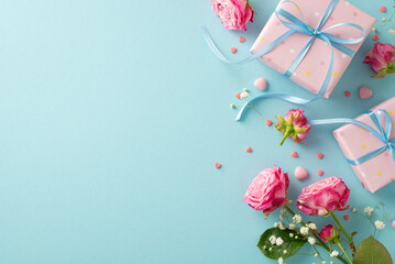 Sweet Romance Setup: top view shot of gift boxes, pink roses, gypsophila, and heart shaped sugar sprinkles. Pastel blue background offers a canvas for text or advertisements - obrazy, fototapety, plakaty