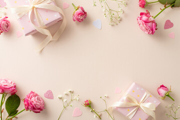 Fototapeta na wymiar Sweet Affection Snapshot: Top view of Valentine's charm—gift boxes, pink roses, gypsophila, heart-shaped confetti—all on a pastel beige surface, inviting your personal touch