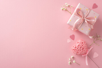 Love-filled Valentine's Day setup: gift box, gypsophila, heart confetti, and heart decor on stick. Top view on a pastel pink background with space for your text