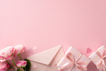 Share the love this Valentine's Day with a top view arrangement. Gift boxes, roses, heart-shaped confetti, invitation envelope on a pastel pink canvas with text or advertising space