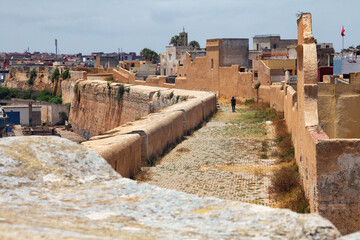 View of the historic walls of the fortress of El Jadida (Mazagan). The fortified city, built by the Portuguese at the beginning of the 16th century and named Mazagan. Morocco, Africa.