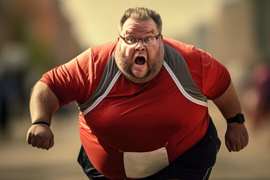 Determined Fat Man Runs Marathon, Aiming For The Finish Line