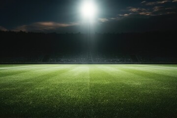 Empty Grass Field Scene With Spotlights Light Night View Of Stadium Light Reflected On Grass