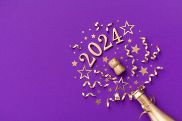 Creative Christmas and New Year background with golden champagne bottle, party decorations, confetti stars and 2024 numbers. - obrazy, fototapety, plakaty