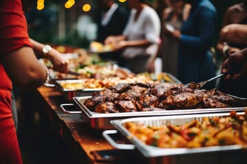 Naklejka premium Group Of People At Catering Buffet With Grilled Meat. Сoncept Gourmet Bbq, Sumptuous Buffet, Al Fresco Feasting, Succulent Grilled Cuisine