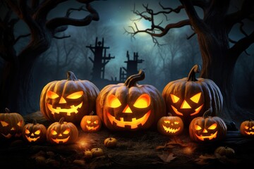 Evil halloween background pumpkin head the cemetery bats fly and candles burning