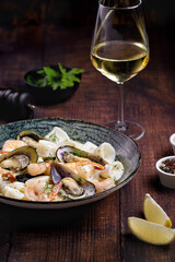 Grilled Seafood with Sauce, Healthy Seafood Bowl, Mediterranean and Italian Flavors