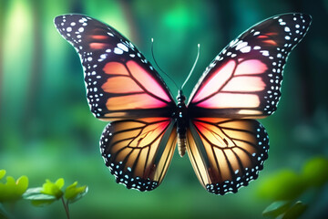 Schmetterling als Makroaufnahme ruhig sitzend orange leuchtend vor einem unscharfen Hintergrund aus dunklen Wald mit Sonne. Tiere und Insekten des Sommers in einer natürlichen gesunden Umgebung.