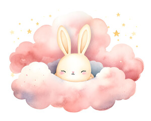 Cute cartoon pink rabbit sleeping on soft clouds watercolor illustration isolated on white background