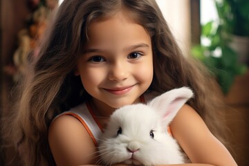  little girl hugging with her  white rabbit, bunny 