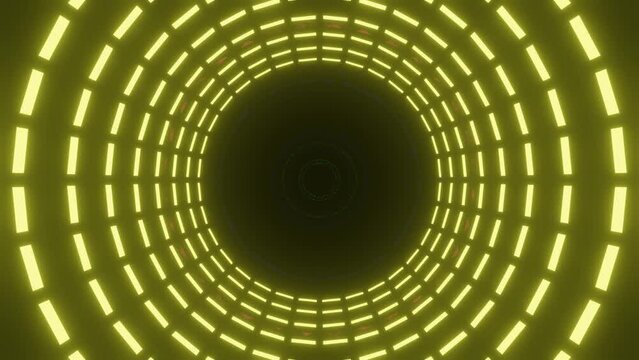 Neon glowing tube teleportation. Glowing circles. Abstract tube motion.