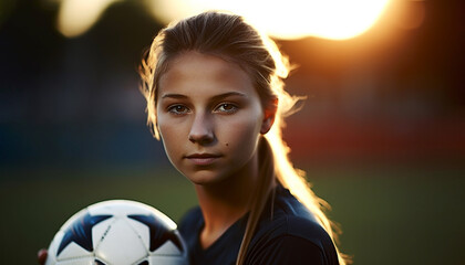 Naklejka premium Young woman playing soccer at sunset with confidence and determination generated by AI