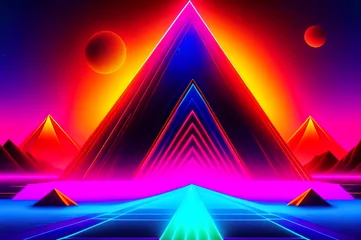 Poster Futuristic landscape with triangular and neon elements. Fiction. AI © IM_VISUAL_ARTIST