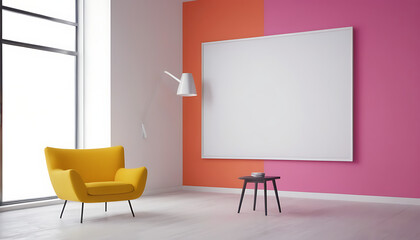 A blank and white billboard poster screen in a colorful room with a chair and a wall