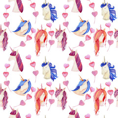 Watercolor unicorns seamless pattern. Magical fantasy character.