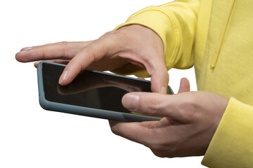 A male hands holding a smartphone isolated