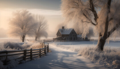 Winter outdoors, nature snow covered rural scene, frosty landscape, foggy fence generated by AI