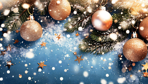 Christmas tree branch with xmas ornaments, bellas and stars with snow on a blue background, bokeh. Gold and Blue, Green.Sparkle, traditional, display, copy space, Merry Christmas banner 