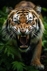 Fototapeta premium Siberian tiger glaring with open mouth and growling
