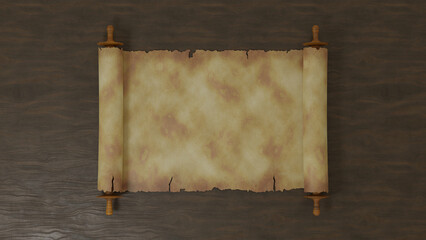 3d rendering of a book scroll of parchment or papyrus. An old book, a carrier of historical information.  The scroll is open and empty. A place for text and your advertising.