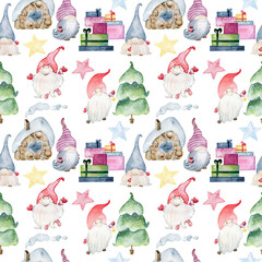 Watercolor seamless pattern with Christmas gnomes on white background.
